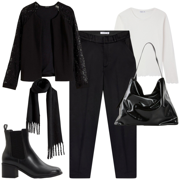 Outfit donna - City. Stile Minimal per Tutti i giorni. Abbinamento con blazer, shopping bag, sciarpe, stivaletti, t-shirt, pantaloni chino.