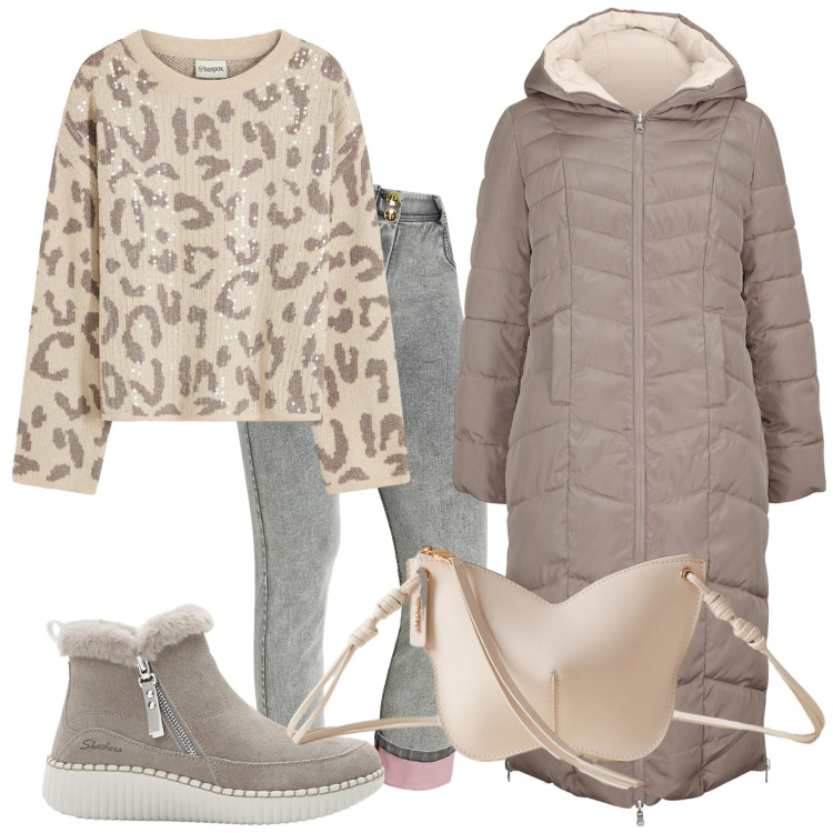 Outfit donna - Animalier per il giorno. Stile Casual per Tutti i giorni. Abbinamento con blazer, maglieria, stivaletti, jeans dritti, borse a tracolla.
