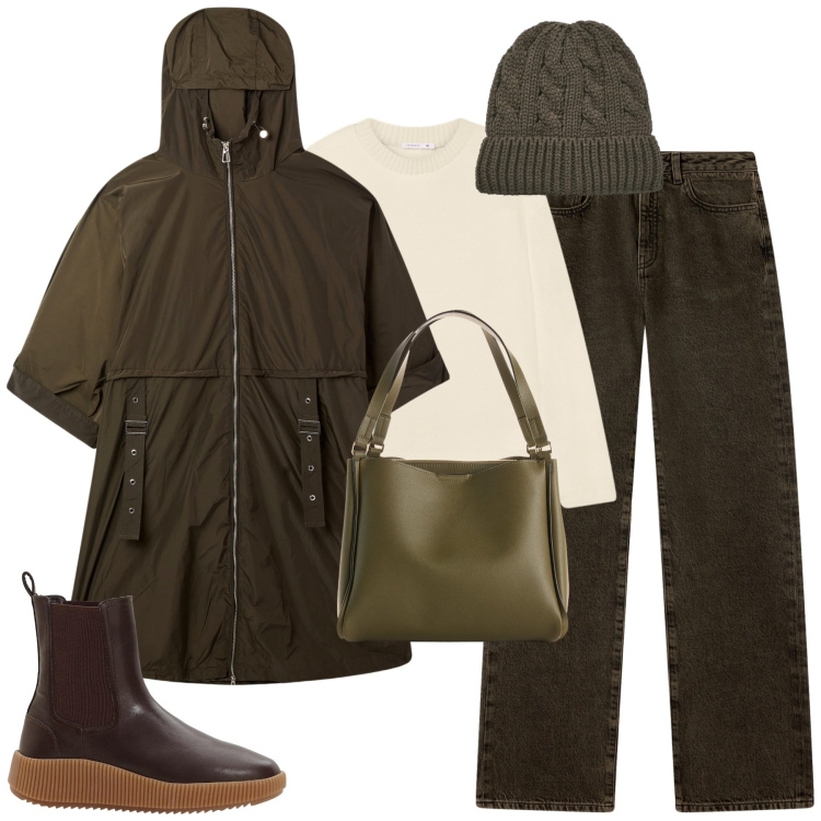 Outfit donna - Rainy days. Stile Casual per Tutti i giorni. Abbinamento con stivaletti chelsea, borse a mano, trench, jeans dritti, berretti, maglieria.
