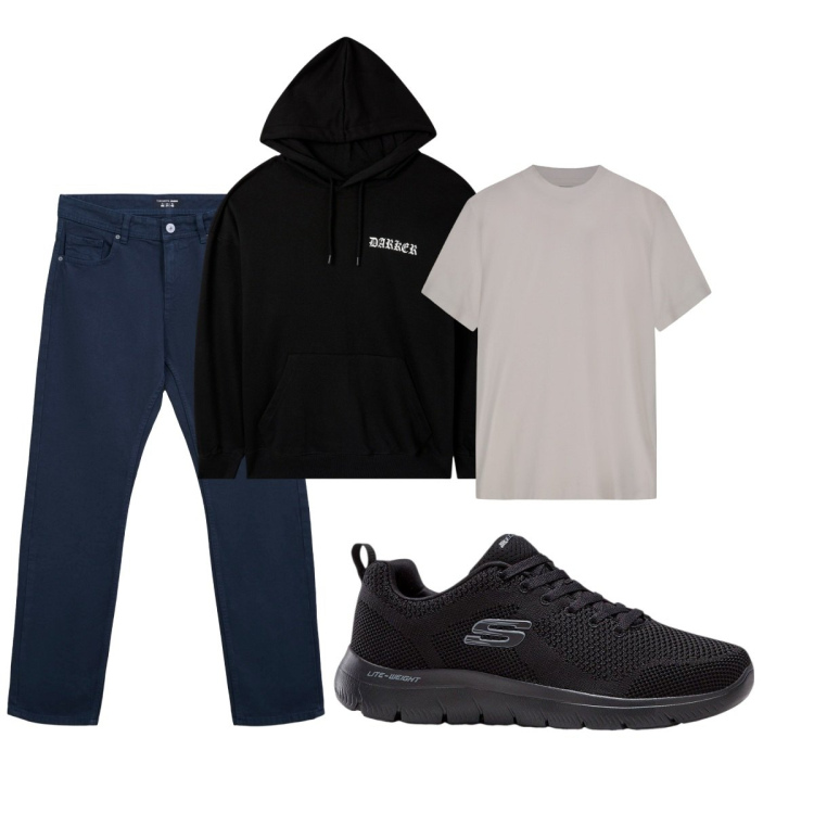 Outfit uomo - Total look #2272915. Stile Casual per Tutti i giorni. Abbinamento con sneakers, felpe con cappuccio, jeans dritti, t-shirt.