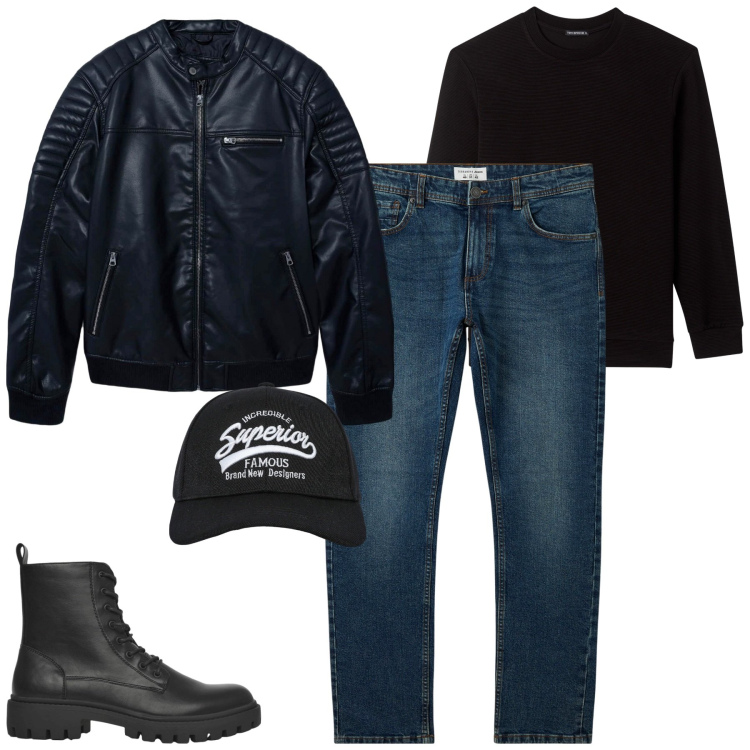 Outfit uomo - Ottobre. Stile Biker Rock per Tutti i giorni. Abbinamento con jeans, cappelli con visiera, giacche, anfibi, maglieria.
