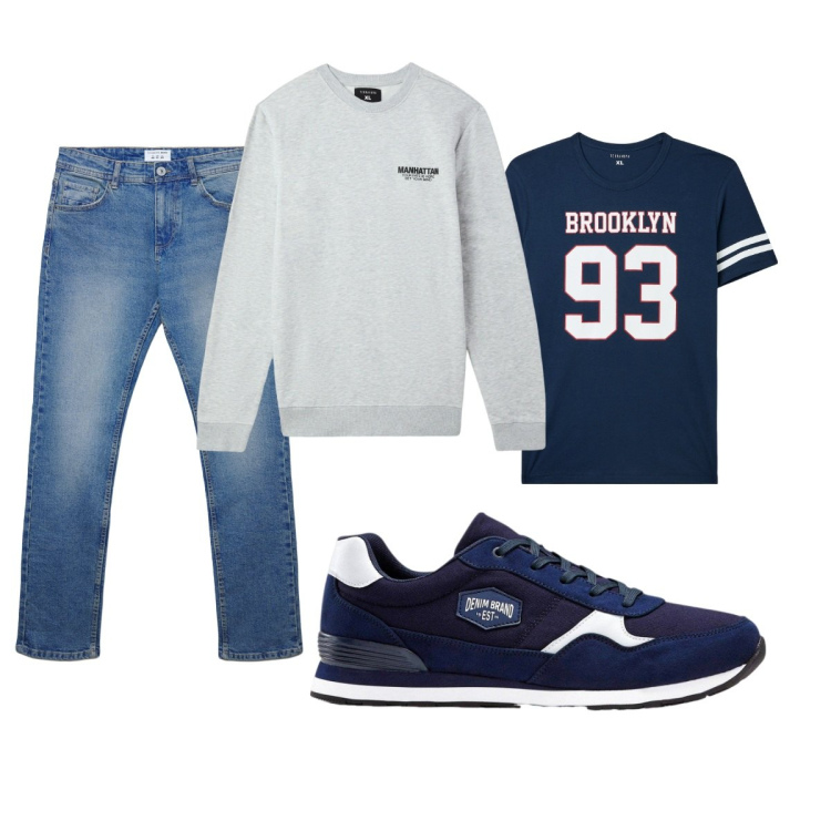 Outfit uomo - Total look #2272921. Stile Casual per Tutti i giorni. Abbinamento con sneakers, t-shirt, felpe, jeans dritti.