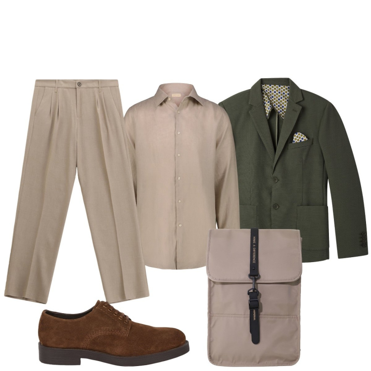 Outfit uomo - Vado in ufficio. Stile Trendy per Ufficio. Abbinamento con giacche, pantaloni, borse sportive, scarpe stringate, camicie.
