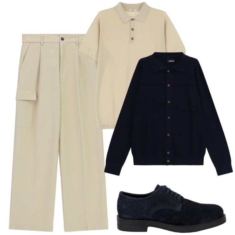 Outfit uomo - Imperial. Stile Urban per Tutti i giorni. Abbinamento con polo, cardigans, pantaloni cargo, scarpe stringate.