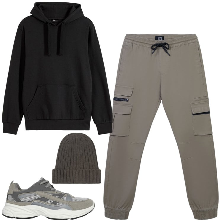 Outfit uomo - Ottobre. Stile Casual per Tutti i giorni. Abbinamento con felpe con cappuccio, sneakers, pantaloni cargo, berretti.