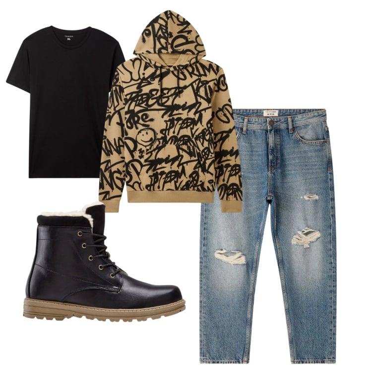 Outfit uomo - Total look #2272932. Stile Urban per Tutti i giorni. Abbinamento con stivali e stivaletti, felpe con cappuccio, t-shirt, jeans strappati.