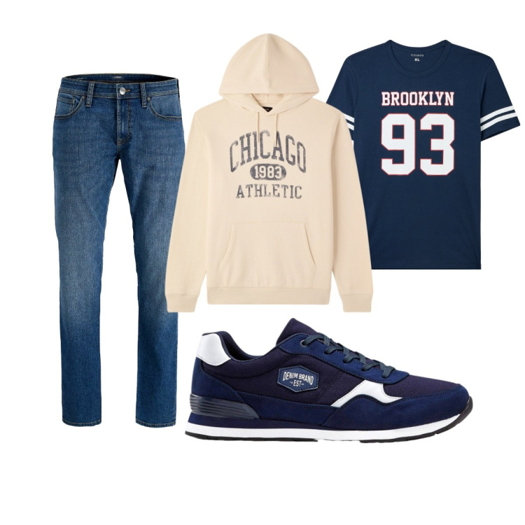Outfit uomo - Total look #2272933. Stile Casual per Tutti i giorni. Abbinamento con sneakers, jeans, t-shirt, felpe con cappuccio.