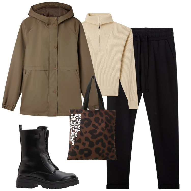 Outfit donna - Pioggia di ottobre. Stile Urban per Tutti i giorni. Abbinamento con stivaletti, pantaloni, maglieria, blazer, shopping bag.