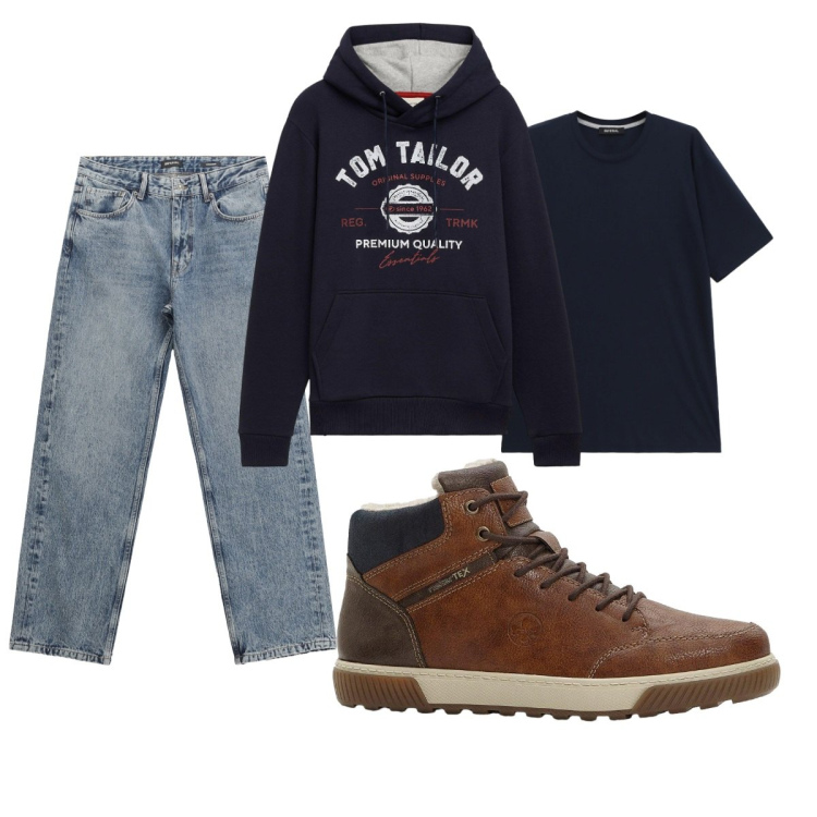 Outfit uomo - Total look #2272937. Stile Casual per Tutti i giorni. Abbinamento con felpe con cappuccio, sneakers alte, jeans dritti, t-shirt.
