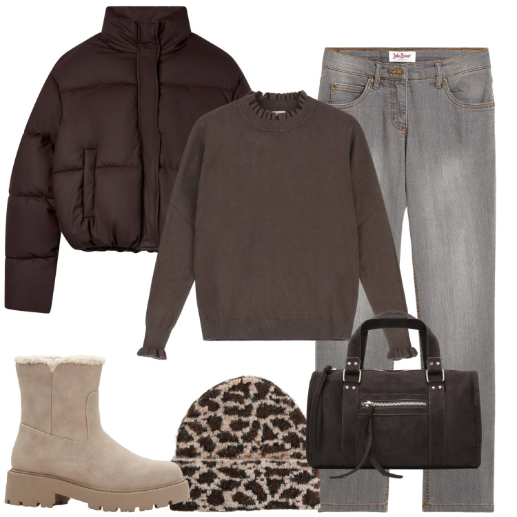 Outfit donna - Ottobre casual. Stile Casual per Tutti i giorni. Abbinamento con jeans dritti, stivaletti, berretti, borse a mano, bomber, maglieria.