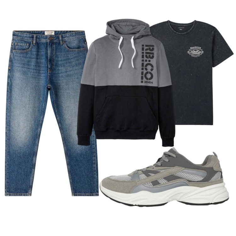 Outfit uomo - Total look #2272939. Stile Casual per Tutti i giorni. Abbinamento con felpe con cappuccio, t-shirt, sneakers, jeans.