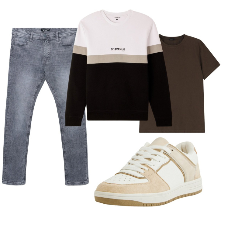 Outfit uomo - Total look #2272942. Stile Casual per Tutti i giorni. Abbinamento con sneakers, felpe, jeans skinny, t-shirt.