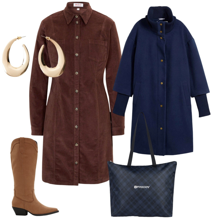 Outfit donna - Casual. per Tutti i giorni. Abbinamento con vestiti, cappotti, stivali, orecchini, shopping bag.