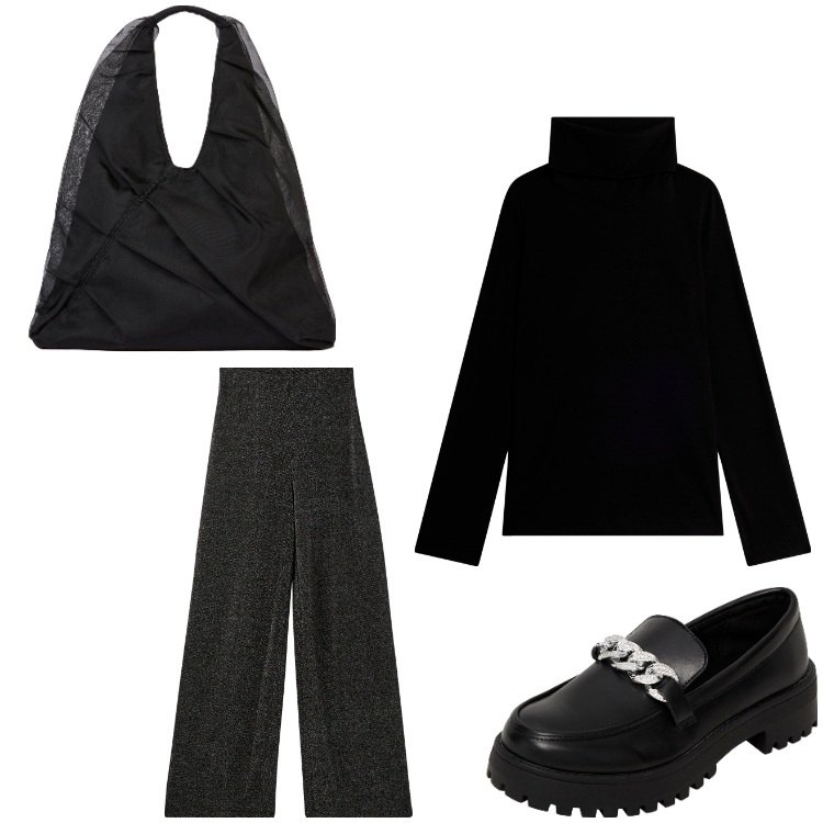 Outfit donna - Semplice. Stile Casual chic per Tutti i giorni. Abbinamento con pantaloni, mocassini, maglieria, shopping bag.