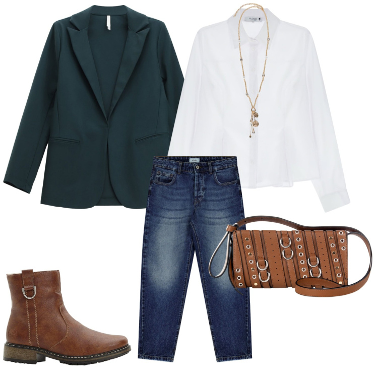 Outfit donna - Giacca e denim. per Ufficio. Abbinamento con stivaletti, borse a spalla, camicie, blazer, jeans, ciondoli.