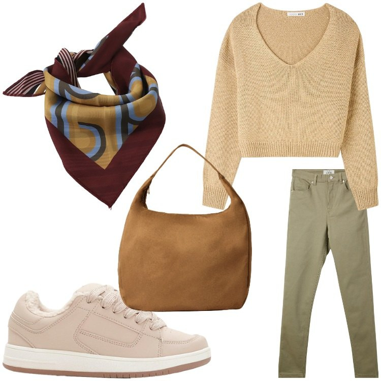 Outfit donna - Per tutti i giorni. Stile Casual per Tutti i giorni. Abbinamento con sneakers, maglieria, pantaloni skinny, borse a mano, foulard.