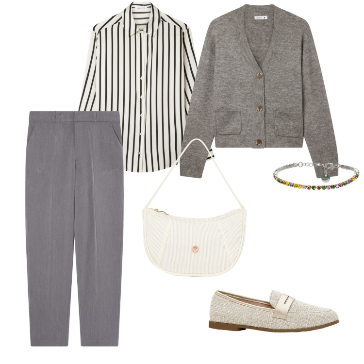Outfit donna - Minimal in grigio. per Tutti i giorni. Abbinamento con mocassini, camicie, cardigans, pantaloni chino, braccialetti, borse a mano.