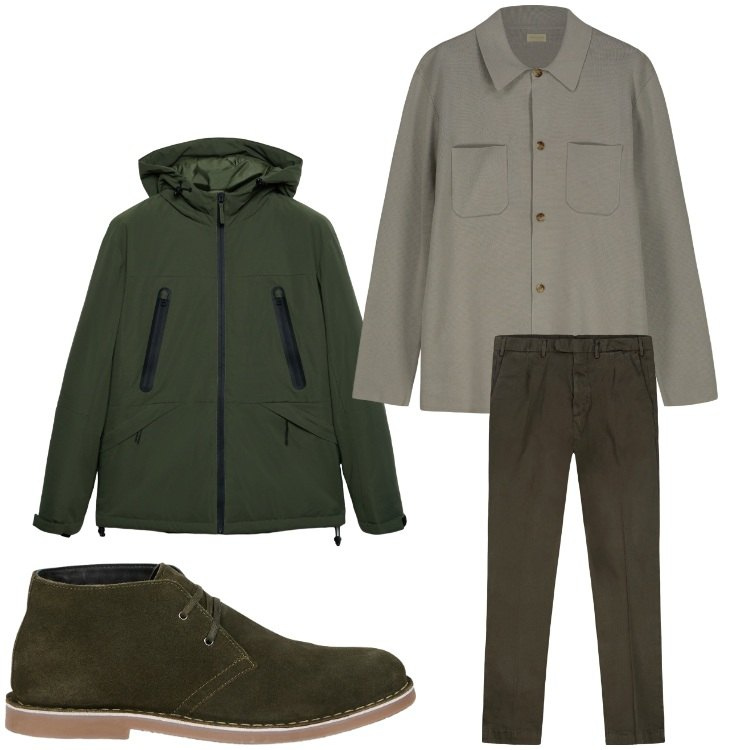 Outfit uomo - Verde bosco. Stile Casual per Tutti i giorni. Abbinamento con giacche, pantaloni, cardigans, stivali e stivaletti.