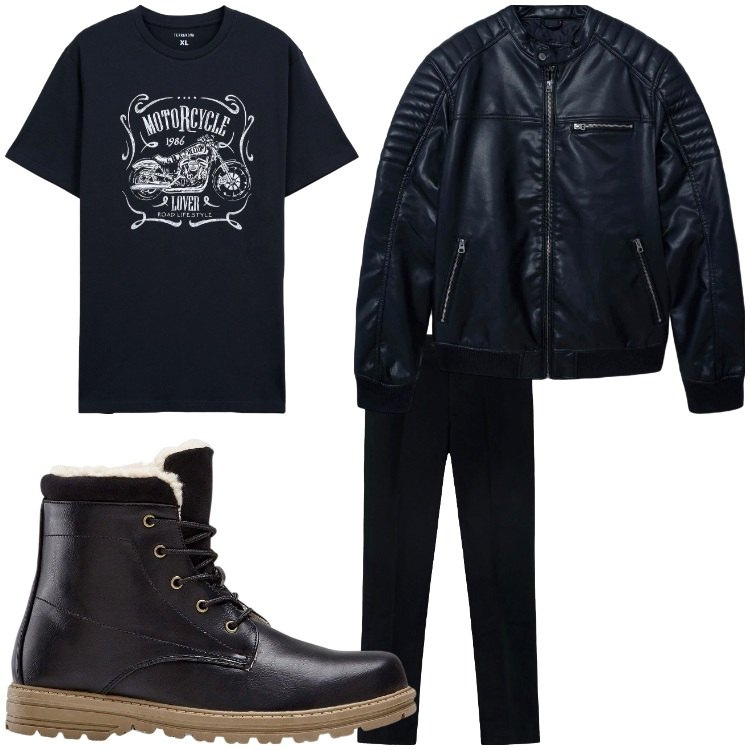 Outfit uomo - Motor rock. Stile Biker Rock per Tutti i giorni. Abbinamento con stivali e stivaletti, giacche, t-shirt, pantaloni.