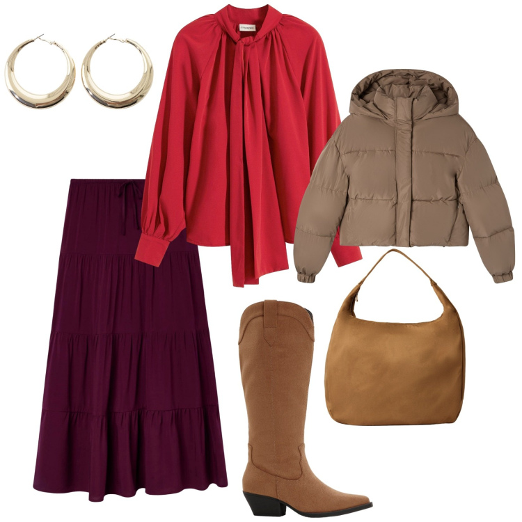 Outfit donna - I colori dell\'autunno. per Tutti i giorni. Abbinamento con camicie, stivali, borse a mano, gonne lunghe, bomber, orecchini.