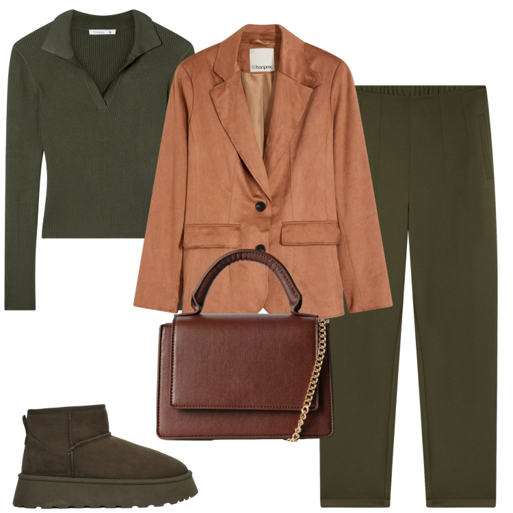 Outfit donna - City. Stile Casual chic per Tutti i giorni. Abbinamento con blazer, pantaloni chino, maglieria, stivali, borse a tracolla.