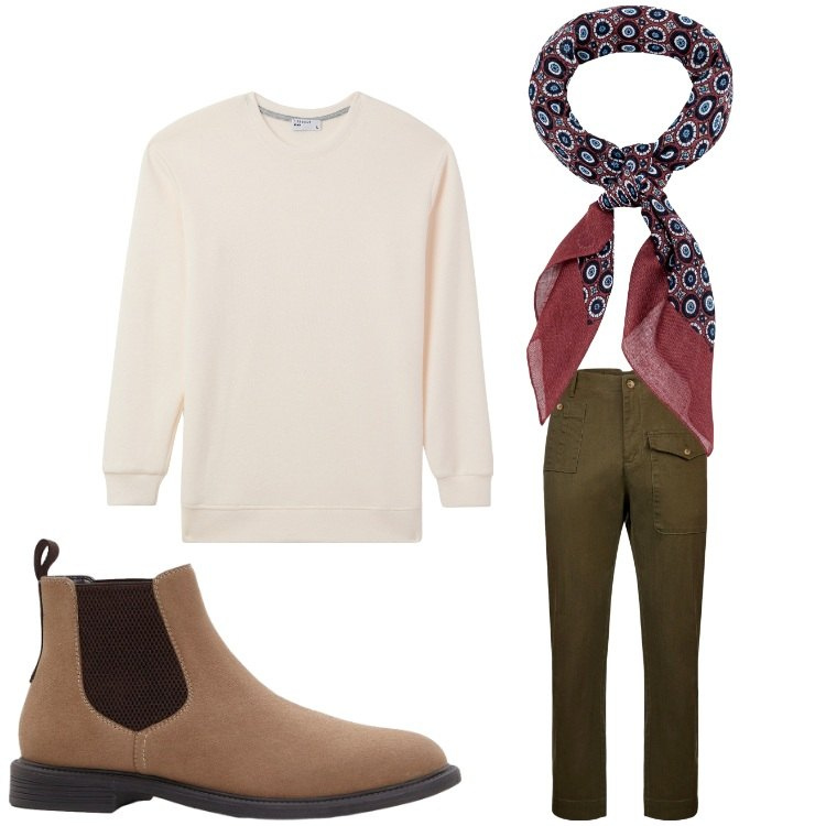 Outfit uomo - Autunno con stile. Stile Casual per Tutti i giorni. Abbinamento con stivali e stivaletti, maglieria, pantaloni, sciarpe e foulard.