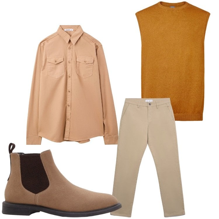 Outfit uomo - Arancio. Stile Casual per Tutti i giorni. Abbinamento con stivali e stivaletti, camicie, pantaloni chino, gilet.