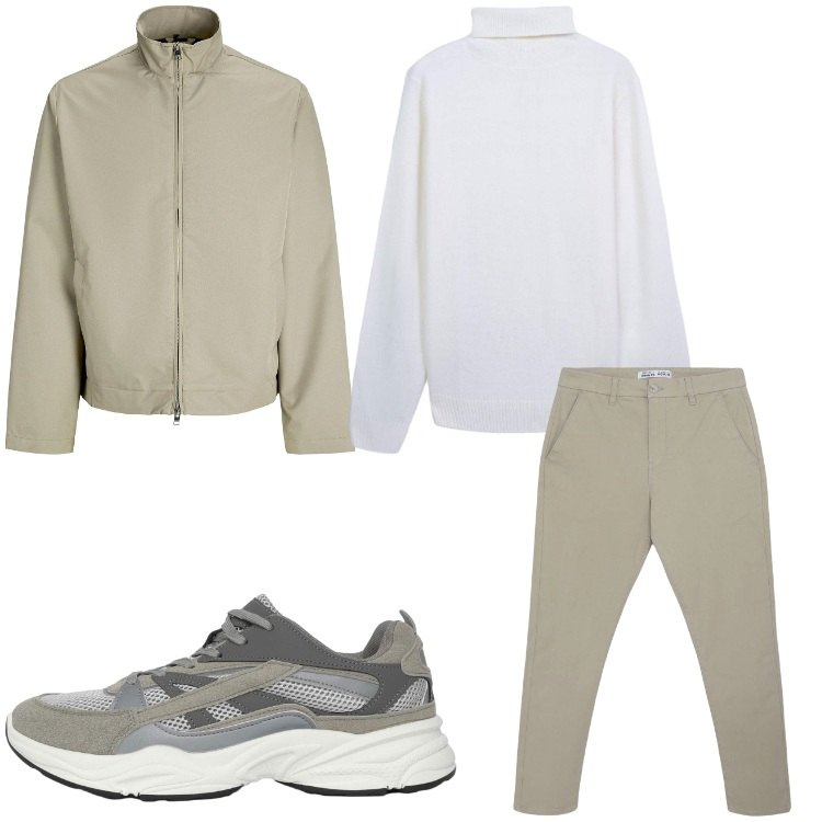 Outfit uomo - Colori chiari. Stile Casual per Tutti i giorni. Abbinamento con giacche, pantaloni chino, sneakers, maglieria.