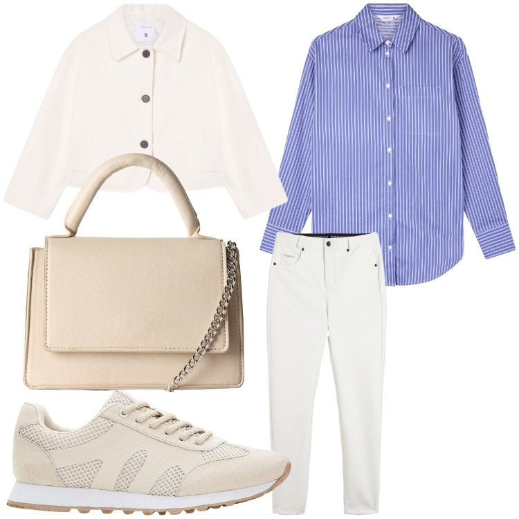 Outfit donna - Ufficio sporty chic. Stile Sporty chic per Ufficio. Abbinamento con sneakers, blazer, borse a tracolla, camicie, pantaloni skinny.