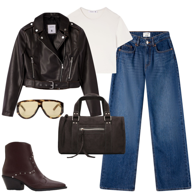 Outfit donna - Ottobre. Stile Casual per Tutti i giorni. Abbinamento con stivaletti texani, jeans, borse a mano, giacche, t-shirt, occhiali da sole.