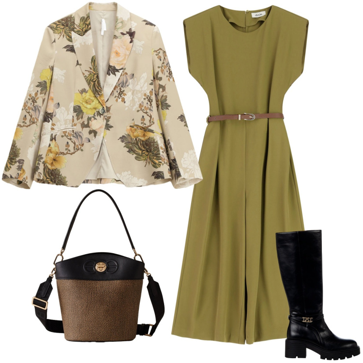 Outfit donna - Toni autunnali. Stile Casual chic per Tutti i giorni. Abbinamento con stivali sopra il ginocchio, blazer, tute, borse a secchiello.