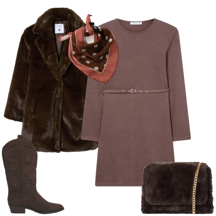 Outfit donna - Total look #2272981. Stile Casual chic per Tutti i giorni. Abbinamento con vestiti midi/longuette, cappotti, borse a tracolla, stivaletti texani, foulard.