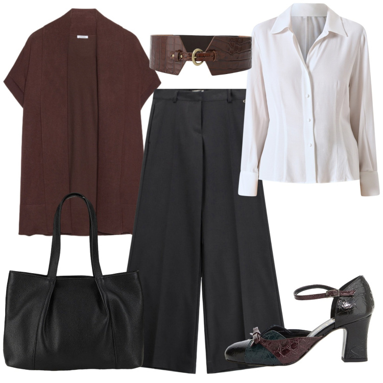 Outfit donna - Cardigan in ufficio. Stile Casual chic per Ufficio. Abbinamento con shopping bag, camicie, pantaloni a palazzo, décolleté, cinture, cardigans.