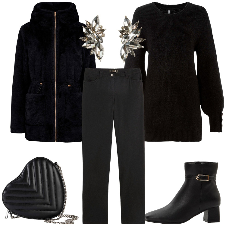 Outfit donna - Una sera da urlo. Stile Casual chic per Serata fuori. Abbinamento con maglieria, ecopellicce, pantaloni, stivaletti, borse a tracolla, orecchini.
