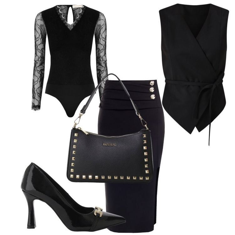 Outfit donna - Total look #2272984. Stile Chic per Serata fuori. Abbinamento con bluse, gilet, gonne, pochette, décolleté.