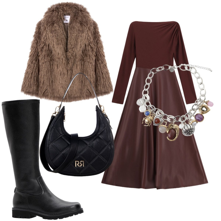 Outfit donna - Total look #2272985. Stile Glamour Abbinamento con stivali, ecopellicce, borse a tracolla, vestiti lunghi, braccialetti con ciondoli.
