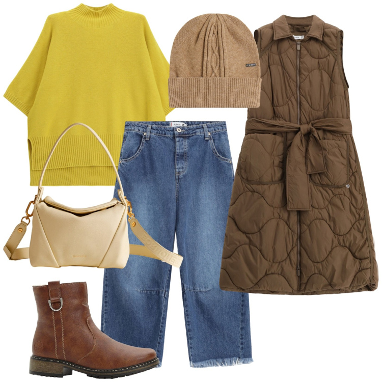 Outfit donna - Senape e marrone. Stile Casual per Tutti i giorni. Abbinamento con stivaletti, jeans, blazer, borse a spalla, maglieria, berretti.