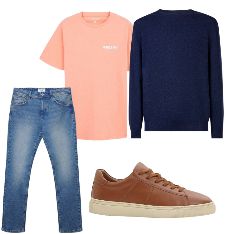 Outfit uomo - Pink touch. Stile Casual per Tutti i giorni. Abbinamento con sneakers, t-shirt, jeans dritti, maglieria.