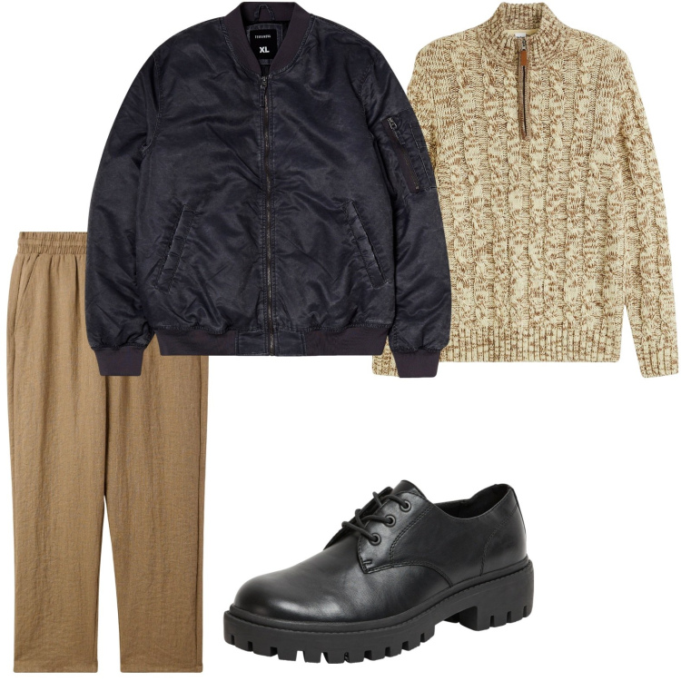 Outfit uomo - Tendenza bomber. Stile Trendy per Tutti i giorni. Abbinamento con maglieria, scarpe stringate, bomber, pantaloni.