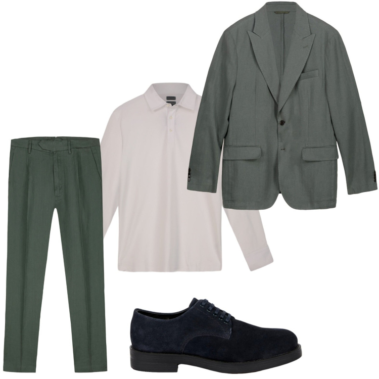 Outfit uomo - L\'eterno green. Stile Trendy per Ufficio. Abbinamento con scarpe stringate, pantaloni, giacche, polo.