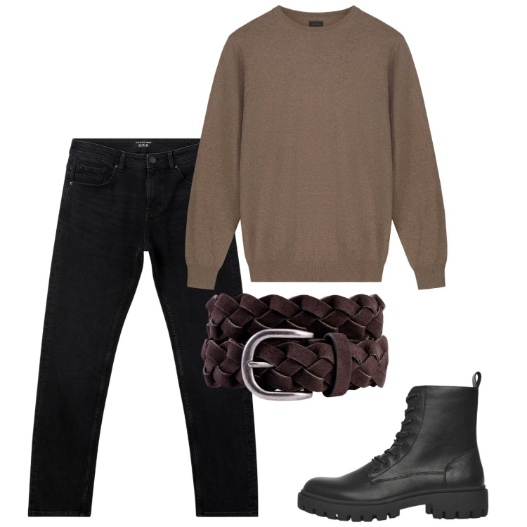 Outfit uomo - October. Stile Casual per Tutti i giorni. Abbinamento con anfibi, jeans, cinture, maglieria.