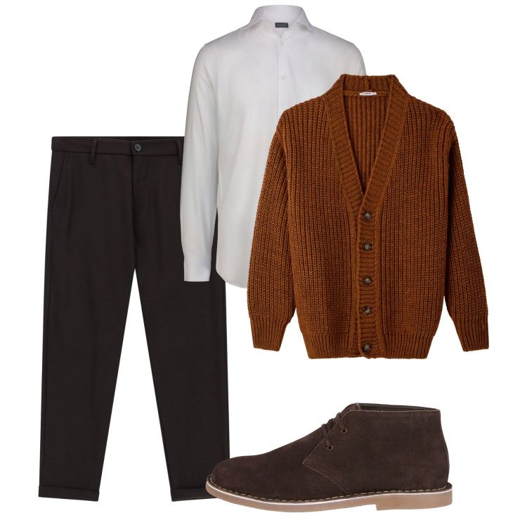 Outfit uomo - Autunno. Stile Casual per Tutti i giorni. Abbinamento con cardigans, pantaloni, stivali e stivaletti, camicie.