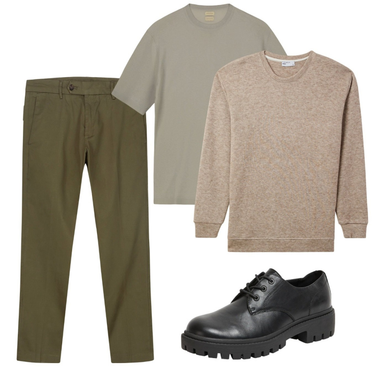 Outfit uomo - Ottobre. Stile Casual per Tutti i giorni. Abbinamento con scarpe stringate, maglieria, pantaloni chino, t-shirt.