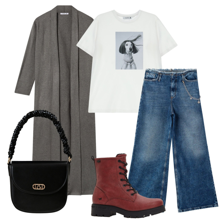 Outfit donna - Oggi sono bellissima..... Stile Urban per Tutti i giorni. Abbinamento con stivaletti, cardigans, jeans dritti, t-shirt, borse a mano.