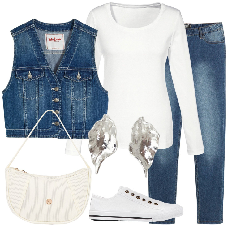 Outfit donna - Total look #2273009. Stile Casual chic per Tutti i giorni. Abbinamento con gilet, jeggings, sneakers, maglieria, orecchini, borse a mano.