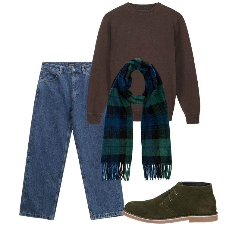 Outfit uomo - Ottobre. Stile Casual per Tutti i giorni. Abbinamento con jeans, stivali e stivaletti, maglieria, sciarpe.