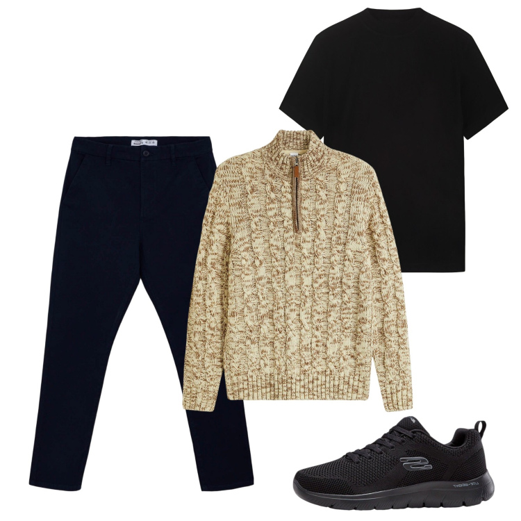 Outfit uomo - Nero e spago. Stile Casual per Tutti i giorni. Abbinamento con maglieria, sneakers, pantaloni chino, t-shirt.