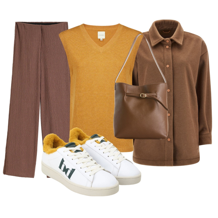 Outfit donna - Un giallo senape. Stile Casual per Tutti i giorni. Abbinamento con pantaloni, borse a mano, cappotti, sneakers, maglieria.