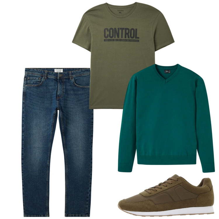 Outfit uomo - Toni del verde. Stile Casual per Tutti i giorni. Abbinamento con maglieria, sneakers, jeans, t-shirt.