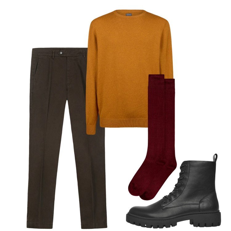 Outfit uomo - Autunno. Stile Casual per Tutti i giorni. Abbinamento con anfibi, maglieria, calzini, pantaloni chino.